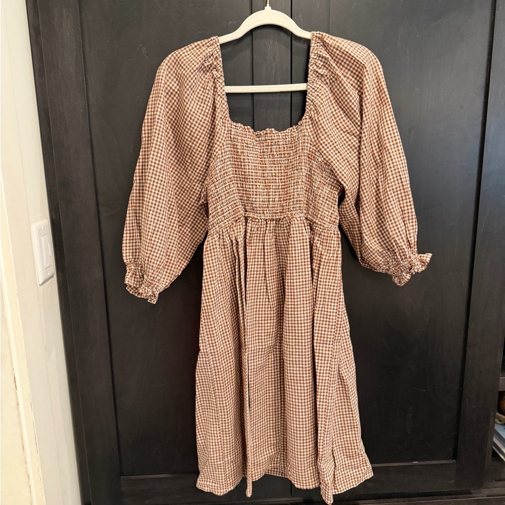 Rylee + Cru Brown Checkered Puff Sleeve Dress - Picture 3 of 3